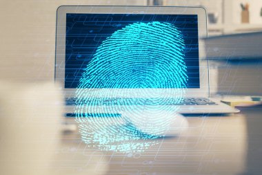 Ofisteki bilgisayarın parmak izi çizimi. Çifte maruziyet. İş veri güvenliği kavramı.