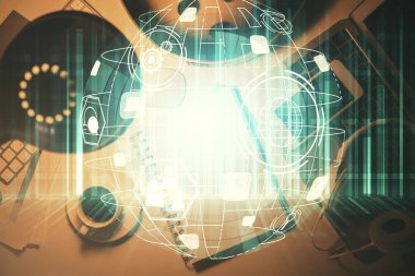 Sosyal ağ teması çizimi ve çalışma masası üst veiw 'e çift pozlama. Uluslararası bağlantı kavramı.