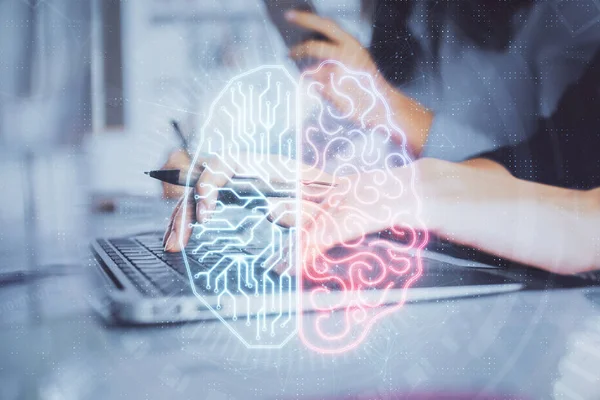 Multi exposición de las manos de la mujer que trabajan en el dibujo del holograma de la computadora y del cerebro humano. Concepto de tecnología Ai. —  Fotos de Stock