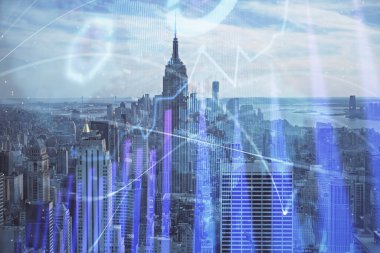 Gökdelenler arka planda çift pozlama ile şehir görünümünde eski grafik. Mali analiz kavramı.