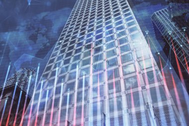 Yüksek binaların arka planında çoklu pozlama olan eski şehir haritası. Finansal araştırma kavramı.