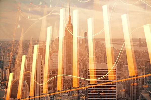 Forex graf na pohled na město s mrakodrapy pozadí dvojité expozice. Koncept finanční analýzy. — Stock fotografie