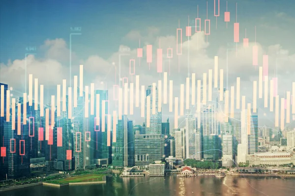 Gráfico de divisas en paisaje urbano con rascacielos wallpaper exposición múltiple. Concepto de investigación financiera . — Foto de Stock