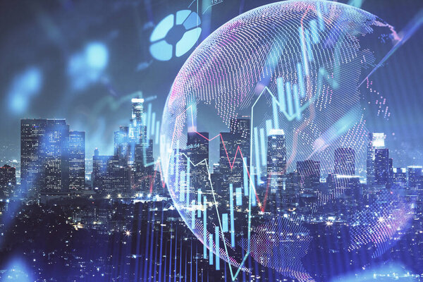 Forex chart on cityscape with tall buildings background multi exposure. Financial research concept.