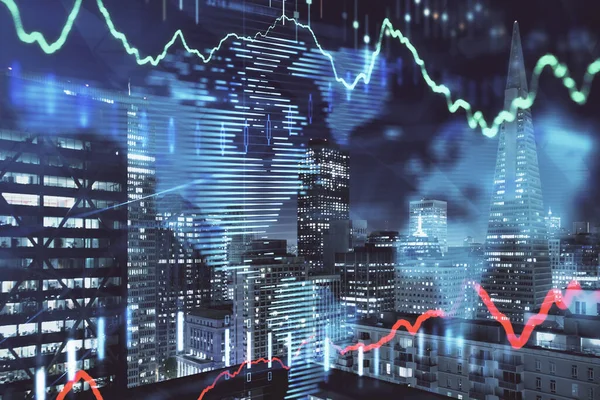 Finansiell graf på Night City Scape med höga byggnader bakgrund Multi exponering. Analys koncept. — Stockfoto