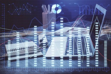 Forx çizelgesine ve bilgisayarla çalışma alanına çift pozlama. Uluslararası çevrimiçi ticaret kavramı.