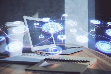 Sosyal ağ hologramıyla birlikte bilgisayar masaüstünde. Çoklu maruz kalma. Uluslararası insan ilişkileri kavramı.