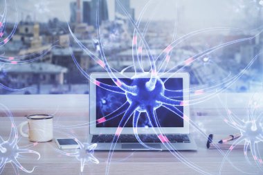 Masaüstü bilgisayar arkaplanı ve nöron çizimi. Çifte maruziyet. Eğitim kavramı.