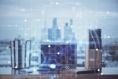 Teknoloji temalı çizim ve bilgisayarla çalışma alanı. Çoklu maruz kalma. Yenilik kavramı.