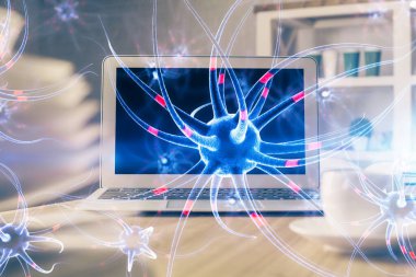 Masaüstü bilgisayar arkaplanı ve nöron çizimi. Çifte maruziyet. Eğitim kavramı.