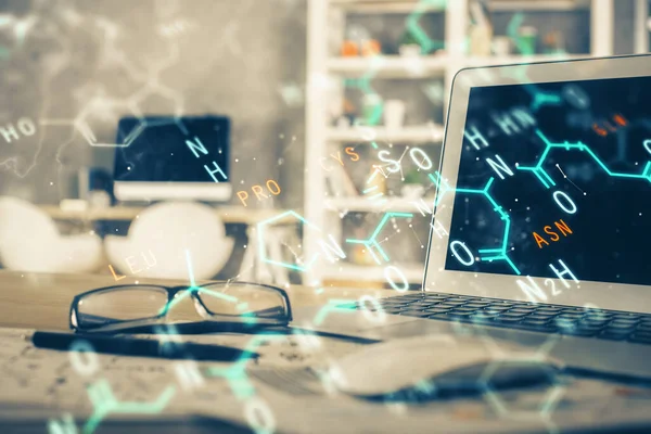 Masaüstü bilgisayar arkaplanı ve formül hologram yazımı. Çifte maruziyet. Eğitim kavramı.