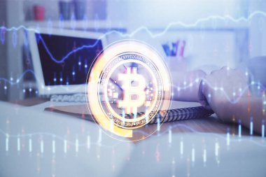 Kripto para birimi hologramı, notlar alan ellerin üzerinde arka plan. Blockchain kavramı. Çoklu pozlama