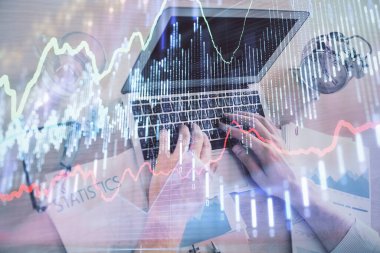 Ön x grafiğinin arka planda bilgisayarda çalışan bir adam ile çoklu pozlandırılması. Pazar analizi kavramı.