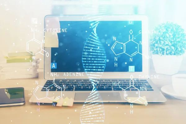 데스크톱 컴퓨터 배경과 DNA 그 리기입니다. 두 번 노출. 과학 개념. — 스톡 사진