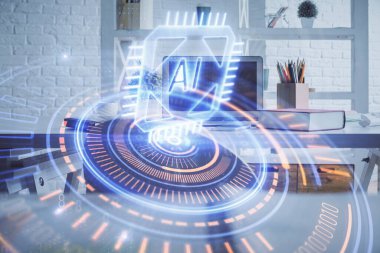 Veri teması çizimi ve ofis içi arka planına çifte maruz kalma. Teknoloji kavramı.