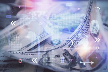 Dünya haritasının arka plandaki dolarları iki katına çıkarması. Uluslararası kavram.