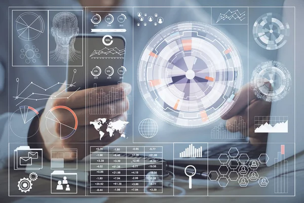 Doble exposición de las manos del hombre sosteniendo una tarjeta de crédito y el dibujo del tema de datos. Concepto de comercio electrónico y tecnología. — Foto de Stock