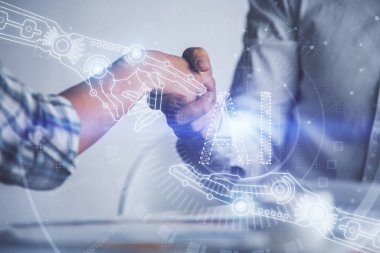 İki kişinin veri temalı hologramı ve el sıkışması. Bilişim endüstrisi konseptinde ortaklık.