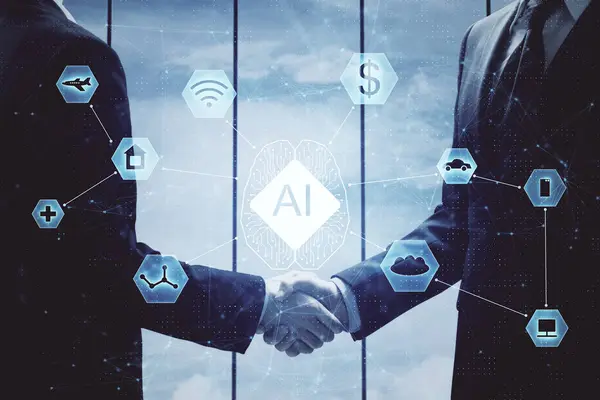 2人の男のデータテーマホログラムと握手の二重露出。IT業界の概念におけるパートナーシップ. — ストック写真