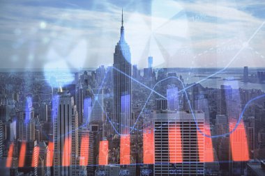 Gökdelenler arka planda çift pozlama ile şehir görünümünde eski grafik. Mali analiz kavramı.