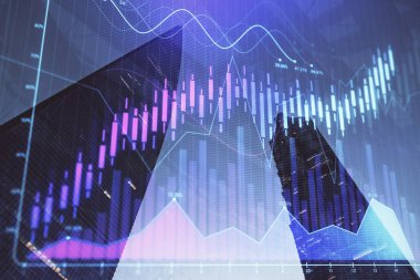 Yüksek binaların arka planında çoklu pozlama olan eski şehir haritası. Finansal araştırma kavramı.
