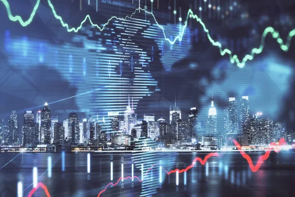 Financial graph on night city scape with tall buildings background multi exposure. Analysis concept.