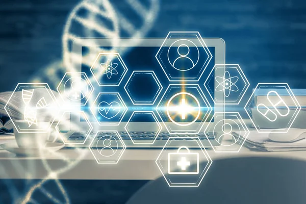 Desktop-Computer Hintergrund und DNA-Zeichnung. Doppelbelichtung. Wissenschaftskonzept. — Stockfoto