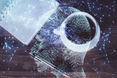 Beyin çizimi ve masa örtüsü çift pozlama. Veri analizi kavramı.