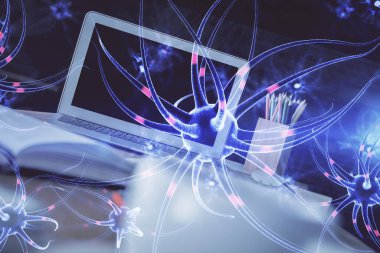 Masaüstü bilgisayar arkaplanı ve nöron çizimi. Çifte maruziyet. Eğitim kavramı.