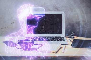 AR tema simgesi olan bilgisayar masaüstünde. Çoklu maruz kalma. Artırılmış gerçeklik kavramı.