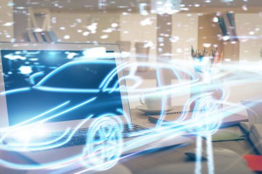 Otomobil hologramı çizimi olan masaüstü bilgisayar arkaplanı. Çoklu maruz kalma. Teknoloji kavramı.