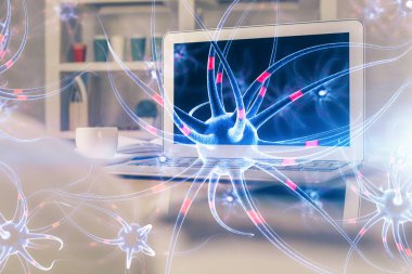 Masaüstü bilgisayar arkaplanı ve nöron çizimi. Çifte maruziyet. Eğitim kavramı.