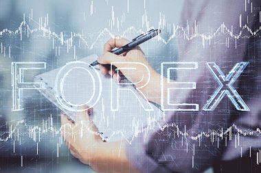 Forex grafik huds ile notlar yapma ellerin çoklu pozlama. Borsa konsepti.