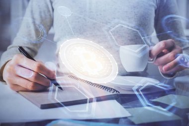 Şifreli para hologramı, kadınların el yazısı üzerine. Engelleme zinciri kavramı. Çoklu pozlama