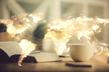 Masa arkasında kahve ve eşyalar olan iki kat iş teması çizimi ve masaüstü görüntüsü. Pazar ticareti kavramı