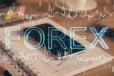 Ön plan çizimi ve cep telefonu arkaplanı çift pozlama. Mali veri analizi kavramı