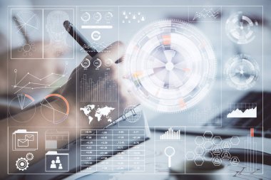 Veri temalı çizimin arka plan yazan insanların üzerine çifte pozlanması. Teknoloji kavramı