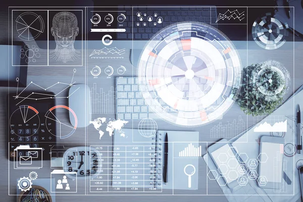 Exposición múltiple del holograma del dibujo de los datos sobre la vista superior del fondo del escritorio del estudio con la computadora. Concepto de tecnología. —  Fotos de Stock