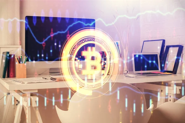 Dubbel exponering av crypto teknik tema ritning och kontor interiör bakgrund. Begreppet blockchain. — Stockfoto