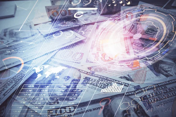Double exposure of data theme drawing over us dollars bill background. Technology concept. — Stock Photo, Image