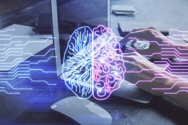 Multi blootstelling van de vrouw handen werken op computer en hersenen hologram tekening. Ai-concept. — Stockfoto