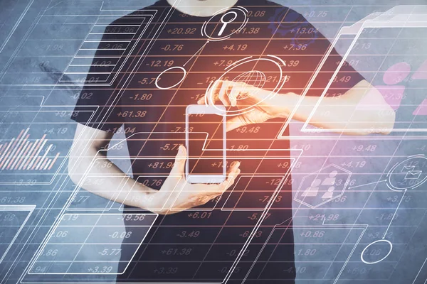 Dubbel exponering av män hand hålla och använda en digital enhet och data tema hologram ritning. Teknikkoncept. — Stockfoto