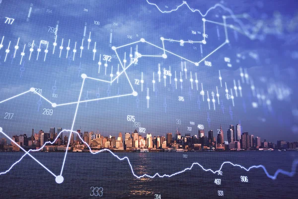 Forex chart a városkép felhőkarcolók tapéta dupla expozíció. Pénzügyi kutatási koncepció. — Stock Fotó