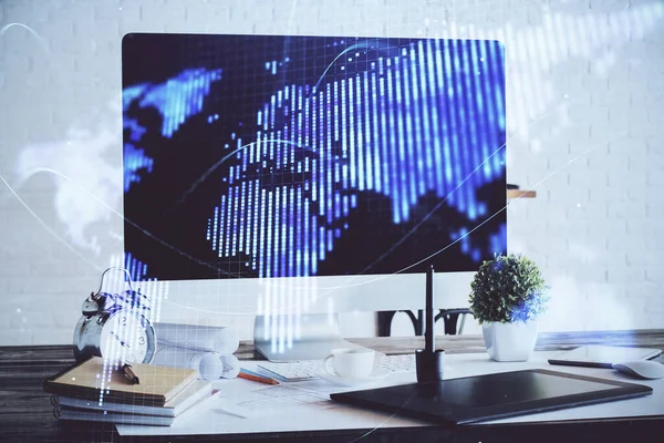 Doble exposición de los iconos del tema de negocios y el espacio de trabajo con fondo de computadora. Concepto de éxito . —  Fotos de Stock