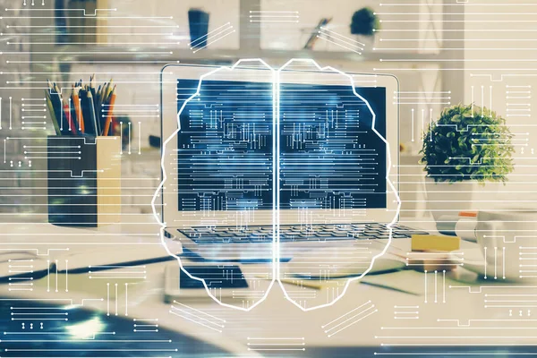 Double exposure of work space with computer and human brain drawing hologram. Brainstorm concept. — Stock Photo, Image
