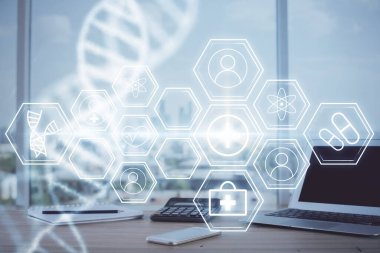 Masaüstü bilgisayar arkaplanı ve DNA çizimi. Çifte maruziyet. Bilim konsepti.