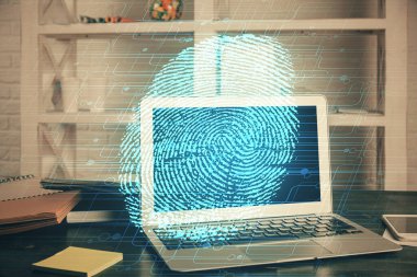 Ofisteki bilgisayarın parmak izi çizimi. Çifte maruziyet. İş veri güvenliği kavramı.