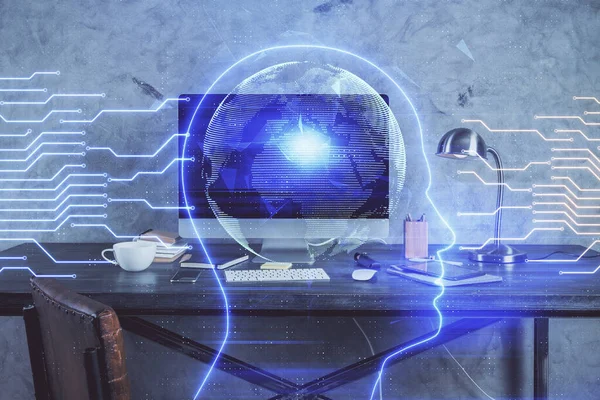 Podwójna ekspozycja stołu z hologramem komputerowym i mózgowym. Koncepcja innowacji danych. — Zdjęcie stockowe