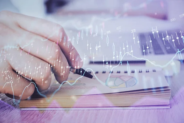 Multi exposure closeup hands with stock market forex graph. — Stock Photo, Image