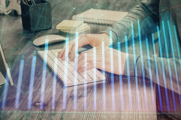 Adam ile mali grafik multi pozlama arka planda ofiste çalışır. Analiz kavramı.